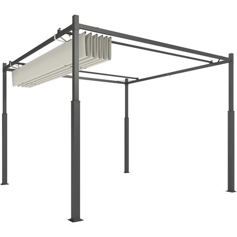 Pergola 3x3m toit extensible fixation magnétique auvent extérieur protection UPF 30+ métal blanc crème