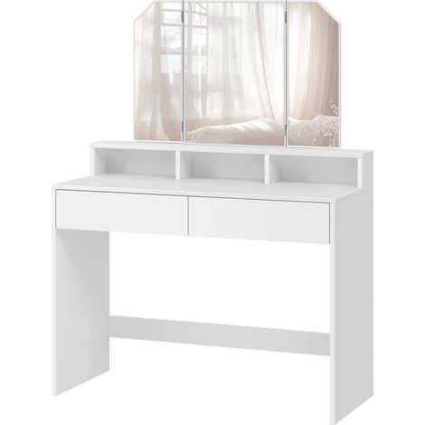 Coiffeuse, Miroir Triptyque Pliable, avec 2 Tiroirs, 3 Compartiments de Rangement, Style Moderne, Blanc (1/5)