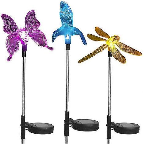 Set aus 3 mehrfarbigen LED-Solar-Lichterketten mit Schmetterlings-, Kolibri- und Libellenmotiven zur Dekoration Ihres Gartens bei Partys.