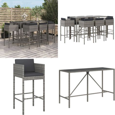 Ensemble de bar de jardin 9 pcs avec coussins gris poly rotin - Ensemble Salon De Jardin - Mobilier De Jardin - Set De Bar Extérieur - Table Et Chaises De Jardin - Chaise Lounge Extérieure - Home & Li (1/5)