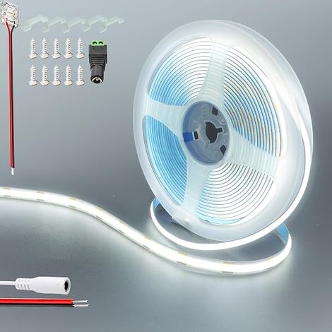 COB LED Strip 12V 480LED, 16.4ft/5m (without power supply), Cool White 6500K, 2400 LEDs, with 5521 DC female connectors, width 8 mm, IP20, for DIY interior decoration. (1/5)