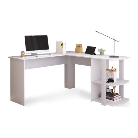 Bureau d’angle L 140 cm blanc, 2 étagères, espace ordinateur (1/5)