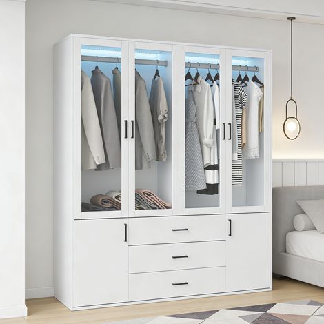 Armadio moderno 160x50x180 cm con appendiabiti, 4 ante in vetro, LED, 2 ante in legno e 3 cassetti contenitore, maniglie in metallo nero - bianco
