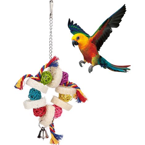 Jouet pour oiseaux en rotin, éponge loofah, corde en coton, support suspendu pour perroquet, accessoire de jeu à mâcher et à poser (Modèle 1) (1/5)
