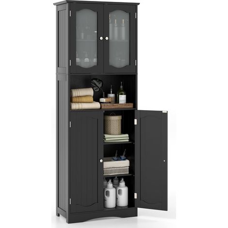 COSTWAY Armadietto Salvaspazio 60 x 30 x 164cm, Mobile Bagno con Scomparti Aperti, Ripiani Regolabili e 2 Porte in Vetro Temprato, Armadio da Bagno per Ufficio, Soggiorno e Camera da Letto (Nero) (1/5)