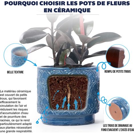 Pot de fleur en céramique fait main, bleu vif brillant avec relief cœur ondulé, respirant avec trou de drainage, diamètre 24 cm, pour grandes succulentes et plantes de fenêtre (1/5)