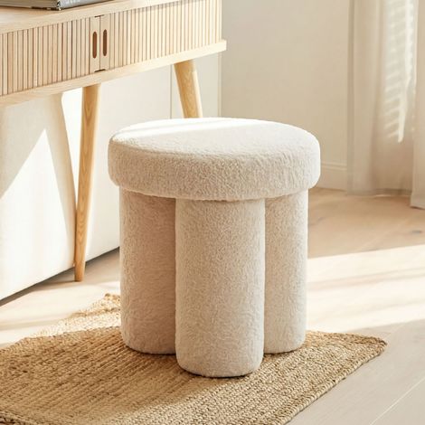 Tabouret rond 3 pieds 40x45 cm en tissu bouclette écru (1/5)