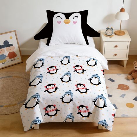Parure de lit pour enfant 135 x 200 cm - En microfibre douce - Motif pingouin - Avec fermeture éclair - Housse de couette et 1 taie d'oreiller de 80 x 80 cm - Cadeau pour garçon (1/5)