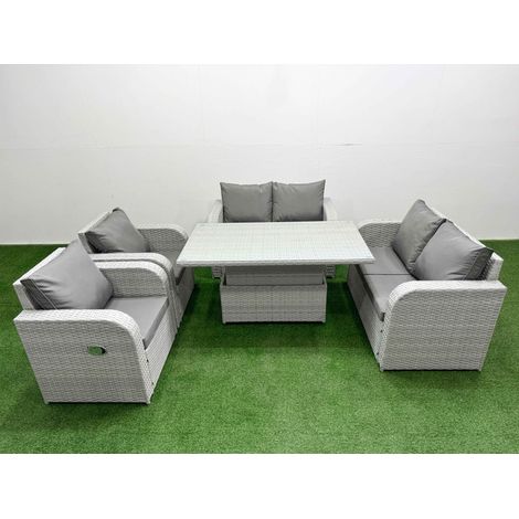 Fimous 6 Seater Outdoor Reclining Chair Love Sofa Set Rattan Garden Furniture Set with Adjustable Lifting Dining or Coffee Table Light Grey (1/5)