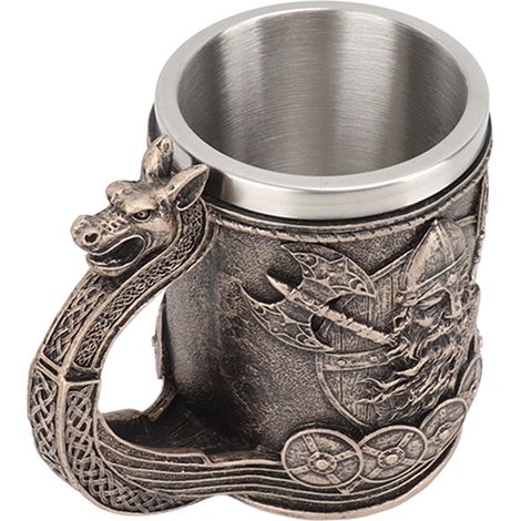 Mug à bière viking vintage grande capacité, intérieur en acier inoxydable, ornements en résine pour bière et café. (1/5)