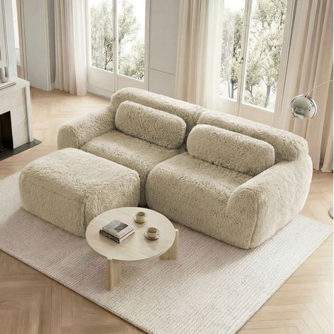Canapé d’angle 2 places kaki clair en peluche modulaire avec coussins (1/5)