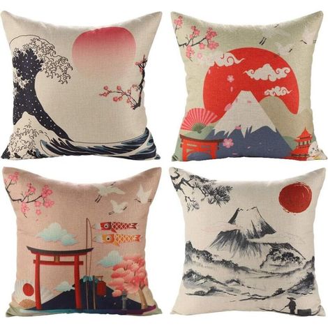 Housse de Coussin Japonais Fuji Ukiyo-e en Taie d'oreiller Canapé Voiture Maison Lit Décor 45 x 45cm, Ensemble de 4 pièces, Taie d'oreiller en lin de style japonais ukiyoe