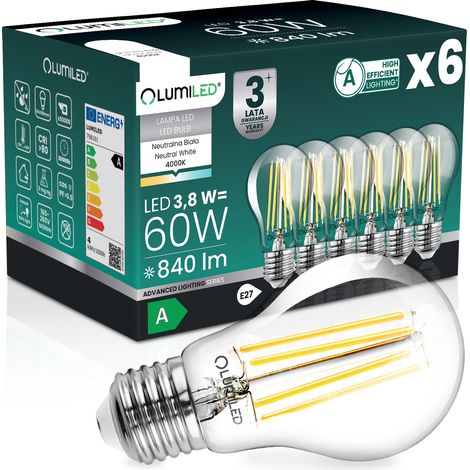 6 ampoules LED E27 A60 3,8 W 840 lm = 60 W 4000 K neutre, filament 360°, classe A, lumiled (1/5)