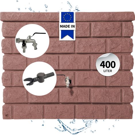 GARANTIA ROCKY Regentonne Wandtank Komplett-Set 400 Liter redstone inkl. Chrom-Doppelauslaufhahn und Fallrohranschluss (1/5)