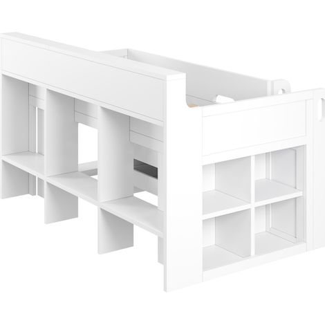 Cama alta baja 90 x 200 cm blanca con 3 cajones, escritorio móvil, almacenaje, LED y puertos USB (1/5)