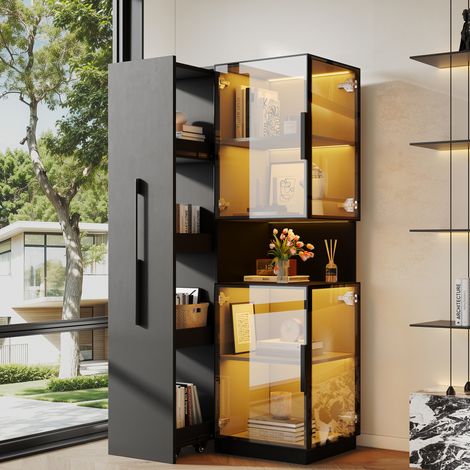 Vetrina alta 70 x 38 x 160 cm in MDF e vetro, con illuminazione LED, nera OKMYHOME (1/5)
