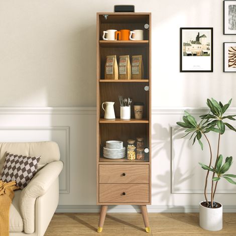 Meuble de rangement haut design avec porte en verre, vitrine à étagères ajustables et 2 tiroirs, armoire autoportante pour salon, salle d'eau et bureau, finition bois (1/5)