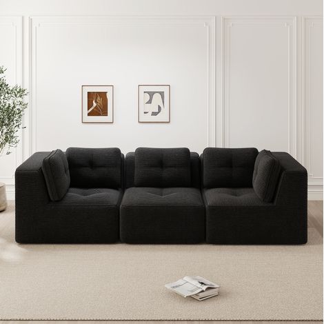 Sofá de esquina modular negro en pana con asiento profundo y sin montaje (1/5)
