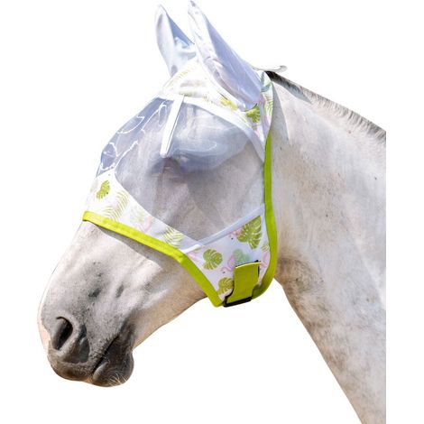 Pony, Verde e Rosa: Maschera antimosche a rete antistrappo per cavalli modello Funny Essentials Flamingo con foglie e fenicotteri rosa