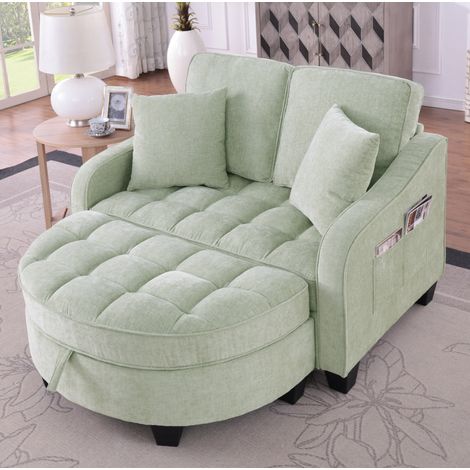 Canapé convertible 132x129x93 cm cyan en bois d'eucalyptus avec pouf de rangement (1/5)