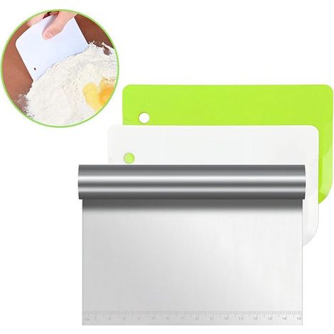 Raschietti per impasto, 4 raschietti per impasto in acciaio inox con misurino, raschietto per impasto in plastica utilizzabile per tagliare impasto e verdure, 4 pezzi (1/5)