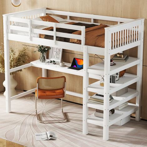 Lit mezzanine 90x200 cm lit enfant avec rangements et bureau sous le lit, en bois de pin, blanc, sans matelas (1/5)