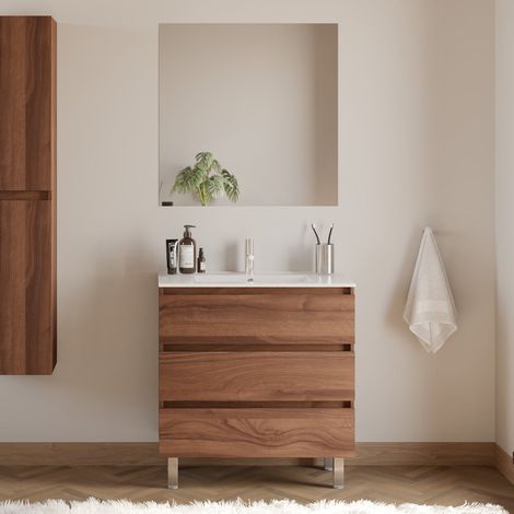 Meuble de salle de bain 70cm simple vasque - 3 tiroirs - noyer (bois foncé) - MAYOR
