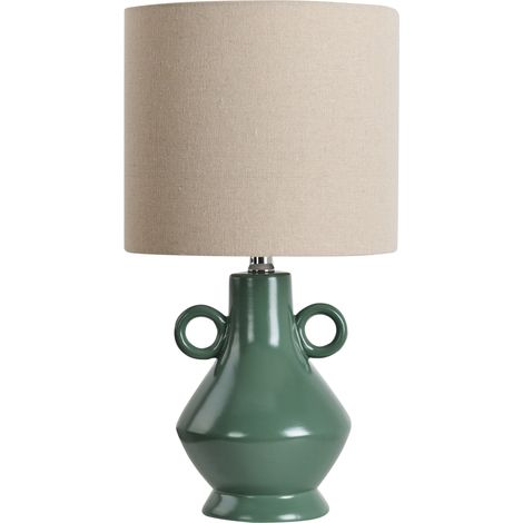 Lámpara de mesa de cerámica con pantalla de tela tipo tambor verde Kerulen