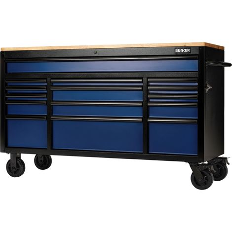 Draper 27336 BUNKER 15 Drawer Workbench Roller Tool Cabinet, 61"", Blue