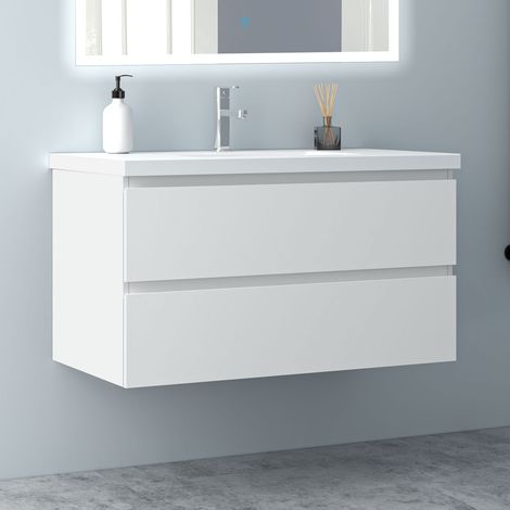 100 cm Badmöbel Set Unterschrank 2 Schubladen soft close Badezimmermöbel Selbstmontierter mit Weiß Mineralguss waschtisch Unterschrank mit Weiß Matt