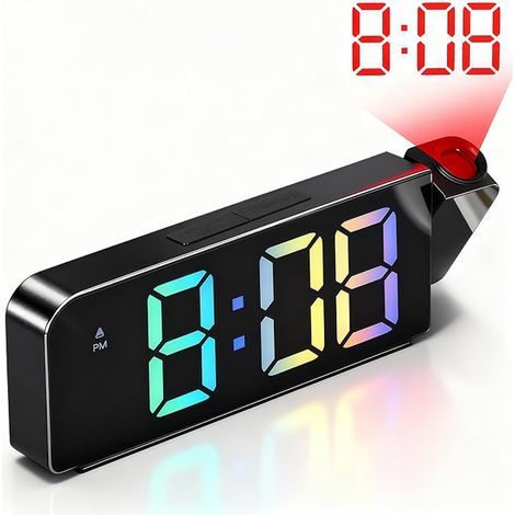 Réveil à Projection Plafond Heure pour Chambre à Coucher, Réveil Projection Projecteur 180°, Réveils Numérique LED, Chargement USB, Luminosité Réglable, Chiffres Colorés, pour Chambre, Bureau (1/3)
