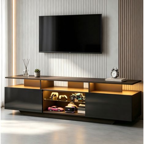 Mueble TV 160x40x45 cm, LED por app, 2 armarios y 8 estantes, vidrio templado, MDF negro (1/5)