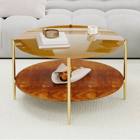 Mesa de centro redonda de 82 cm en vidrio templado dorado con estante de madera HAVRYA (1/5)