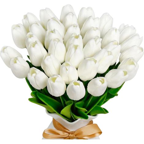 36 tulipes blanches artificielles, 13 fleurs en PU pour décoration de mariage (blanches)-AquaForge (1/5)