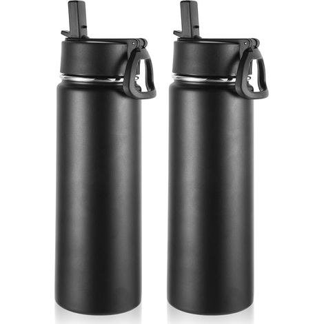 660ml Gourde Inox avec Paille 2 Paquets, Bouteille Isotherme Double Paroi avec Couvercle Sans BPA, Bottle Réutilisable en Métal Étanche pour Café, Sport, enfant, Cadeaux(Noir,2 Set) (1/5)
