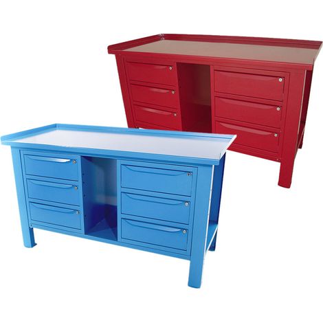 Banco da lavoro SOGI 1,5 metri con piano in acciaio + 2 armadi a 3 cassetti - blu/rosso, ColoreRosso (1/5)