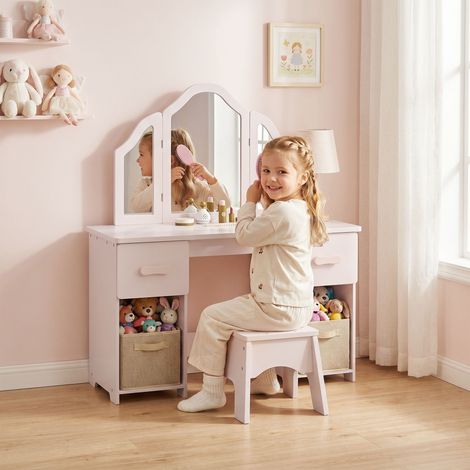 Coffret Toilette Enfant en Bois avec Tabouret, Miroir, Tiroirs et Armoire, Rose, Jeu d'Imitation dès 3 Ans (1/5)