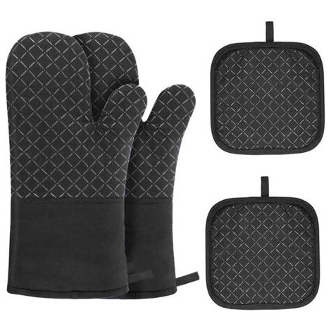 Gants de Four, 4 pcs Gants de Maniques Gants de Cuisine avec Tapis de Maniques Résistant à Chaleur Antidérapant Gant Four pour BBQ, Cuisiner, Cuire, Micro-Ondes avec Brosse en Silicone (Noir) (1/4)
