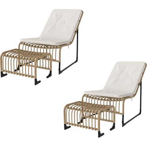 2er-Set rattan Relaxsessel mit Fußhocker UV-beständig Gartensessel mit Kissen Bänder Outdoor Rattanstuhl Gartenstuhl für Garten, Balkon, Terrasse Naturholz