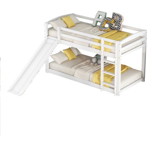 =(WX000303AAK-1) Lit superposé pour enfants et adolescents, lit enfant avec toboggan, cadre en bois massif, montage facile, 90x200cm, blanc (1/5)