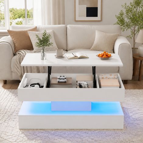 Tavolino con LED, piano sollevabile e vano nascosto, 100 x 50 x 42 cm, bianco HAVRYA (1/5)