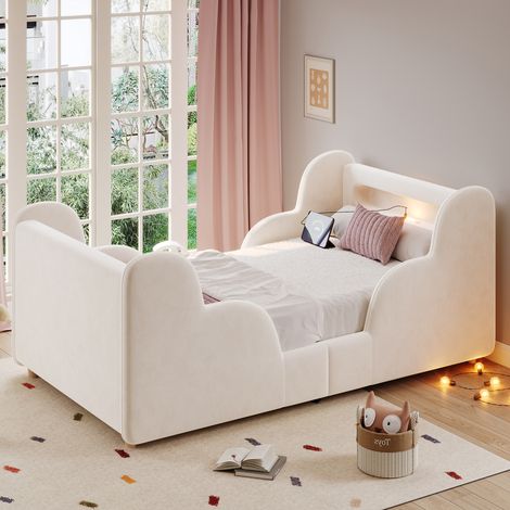 Lit Enfant 90x200 cm en Velours Beige avec Barrière de Sécurité, Veilleuse, USB, Rangements et Pieds en Bois (1/5)