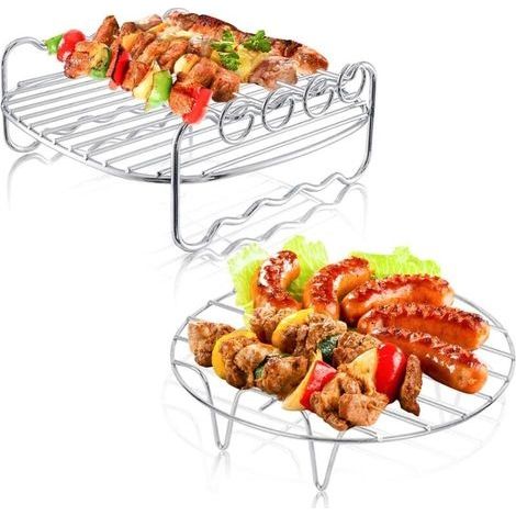2 Pcs Accessoires pour Friteuse à Air Comprimé, 7 Pouces Support Multifonction Double Couche avec Brochette, Grilles Pour Friteuse à Air avec 4 Bâtons Barbecue pour Toutes les Marques de Friteuses (1/5)