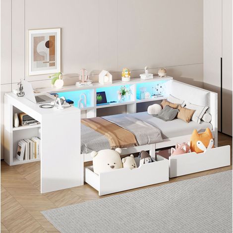Plattformbett 90/200 cm weiß aus MDF und Sperrholz mit Stauraum, USB-Ladestation und gepolstertem Kopfteil (1/5)