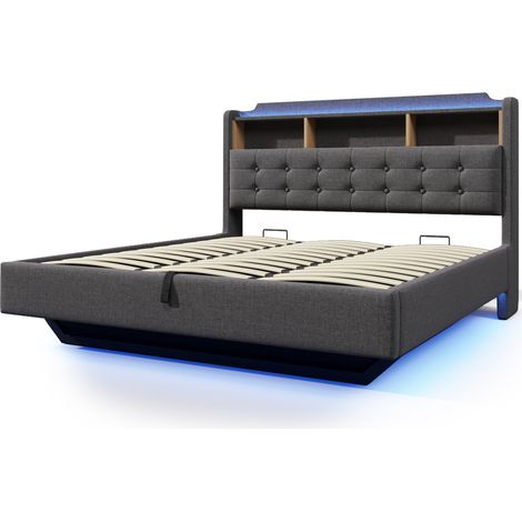 Lit rembourré 180x200 cm gris en lin avec coffre hydraulique, LED, USB et Type-C (1/5)