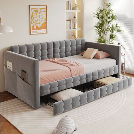 Cama sofá 90x190 cm gris en terciopelo con cajones y bolsillos laterales (1/5)
