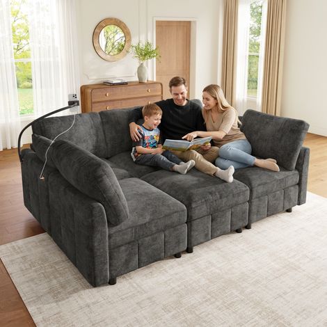 Canapé d'angle modulable convertible 6 places avec pouf, tissu chenille gris et chargeur USB Type-C pour salon (1/5)