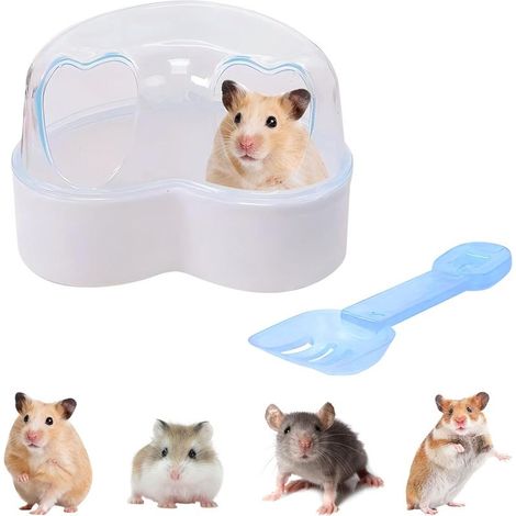 Transparenter Hamsterbadbehälter mit Streuschaufel, Badebox und Toilette für Zwerghamster, Rennmäuse und andere Kleintiere sicheres Käfigzubehör mit erhöhtem Rand. (1/4)