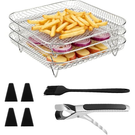 Grille Air Fryer Empilable, Grille Carrée, 3 Pcs pour Friteuse À Air Chaud, Livrée avec 4 Patins En Silicone, 1 Pince Isolante Et 1 Brosse Noire, Adaptée À La Cuisson Au Four, Au Déshydratage(20,5 cm) (1/5)