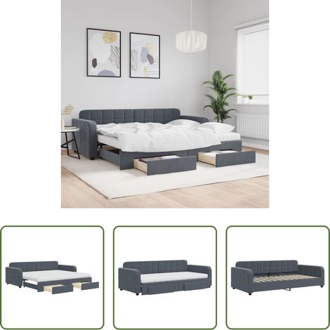 vidaXL Lit gigogne - Lit de jour avec gigogne et tiroirs gris foncé 90x200cm velours (1/5)